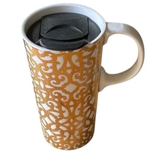 CYPRESS HOMES 17oz gold foil lace design travel mug handle celestial holiday EUC - Picture 5 of 14